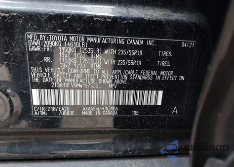 2021 Toyota Rav4 Xle Premium z USA, uszkodzony, nr VIN 2T3A1RFV9MW197535